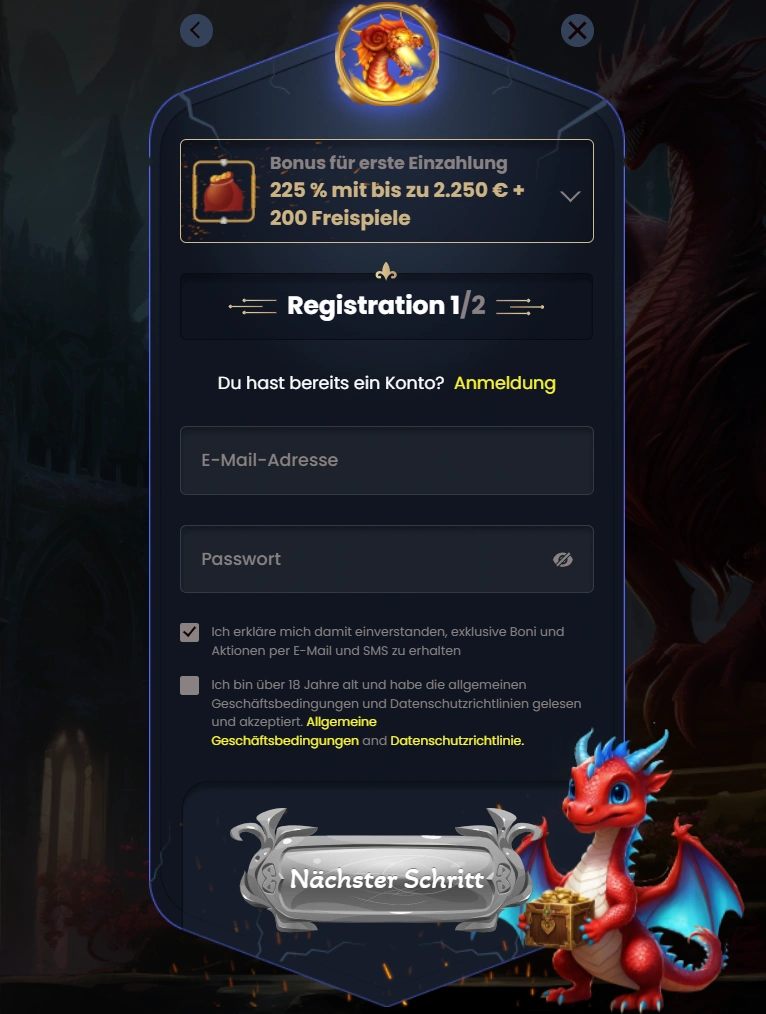 Dragon Slots Casino Registration form